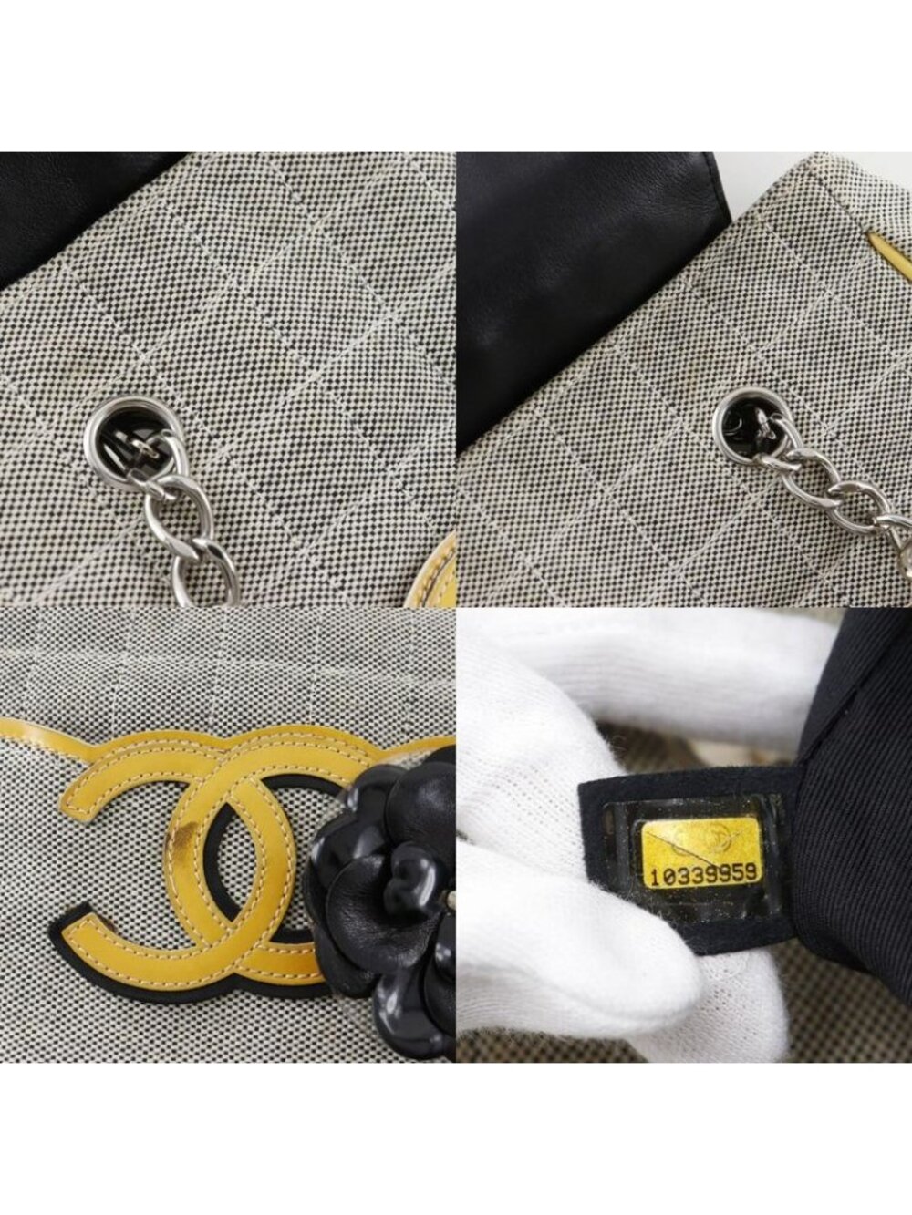 Chanel Camellia NO5 Chocolate Bar Chain Tote Canvas Gray Yellow Bag - Picture 10 of 10